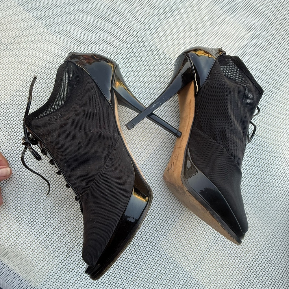 Christian Dior Patent Leather And Mesh
Peep Toe Lace Up Heeled Ankle Booti39 1/2